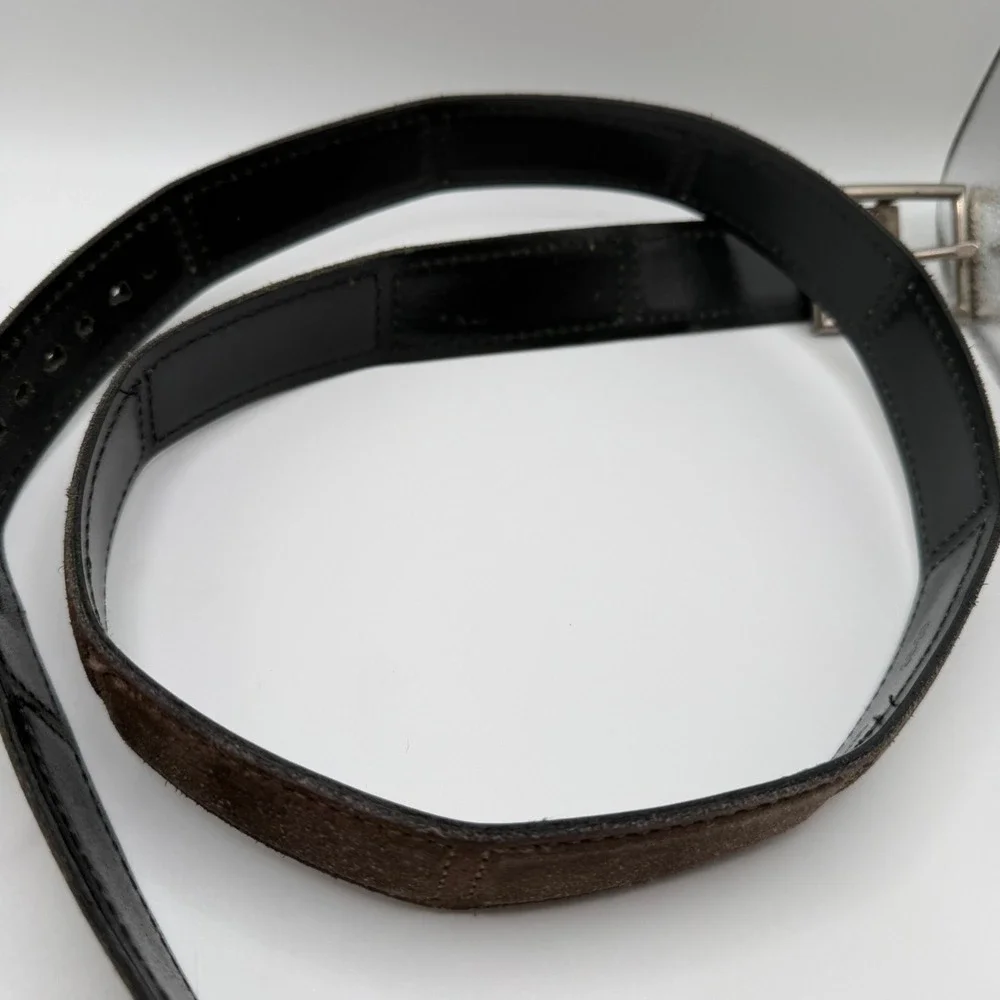 Cole Haan Mens Belt‎ Black Leather Brown Suede Silver Buckle Casual Size 36